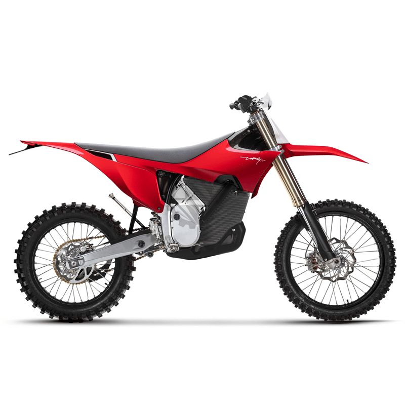 Red electric dirt bike with knobby tires and lightweight frame isolated on white background