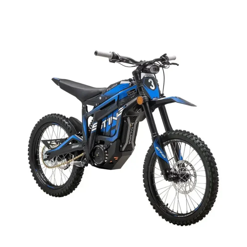 Blue Talaria Sting MX4 electric dirt bike for sale with off-road suspension and high-performance e-moto design
